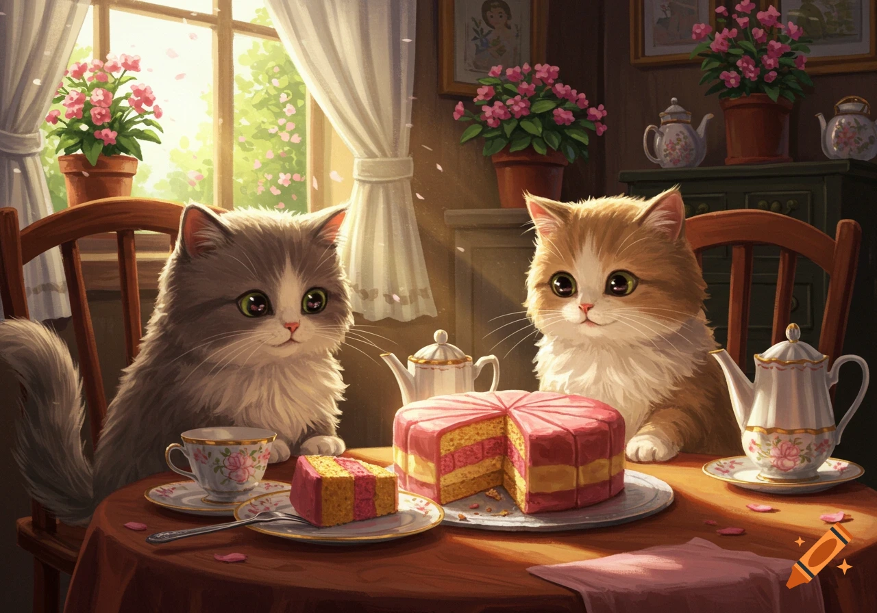Two fluffy cats sit at a table with a slice of Battenberg cake and teapots, in a cozy, whimsical illustration.