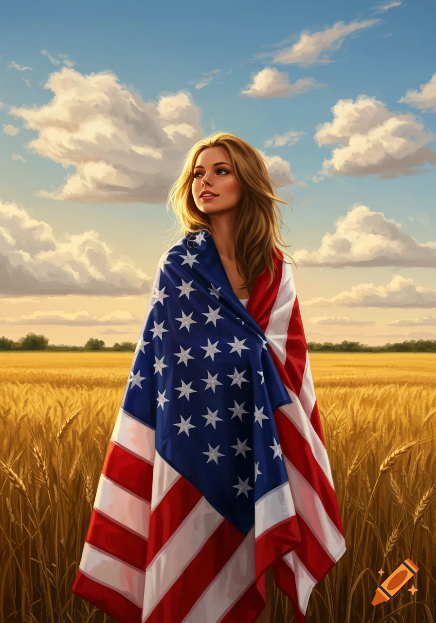 A woman wrapped in an American flag stands in a golden wheat field under a blue sky, digital painting.