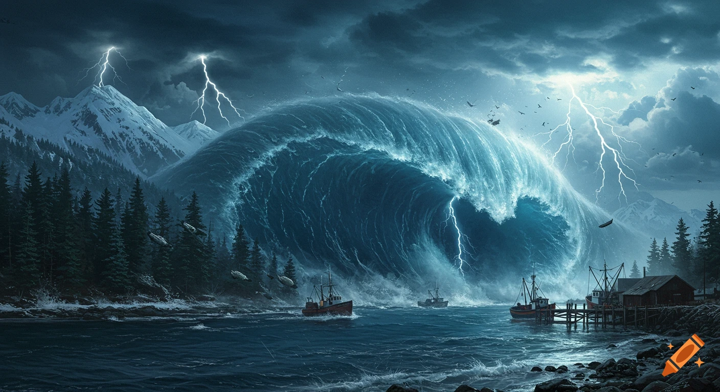 Photorealistic painting of a colossal tsunami nearing the Alaskan coast with snowy mountains, pine forests, fishing boats, and lightning in a dark, stormy sky.
