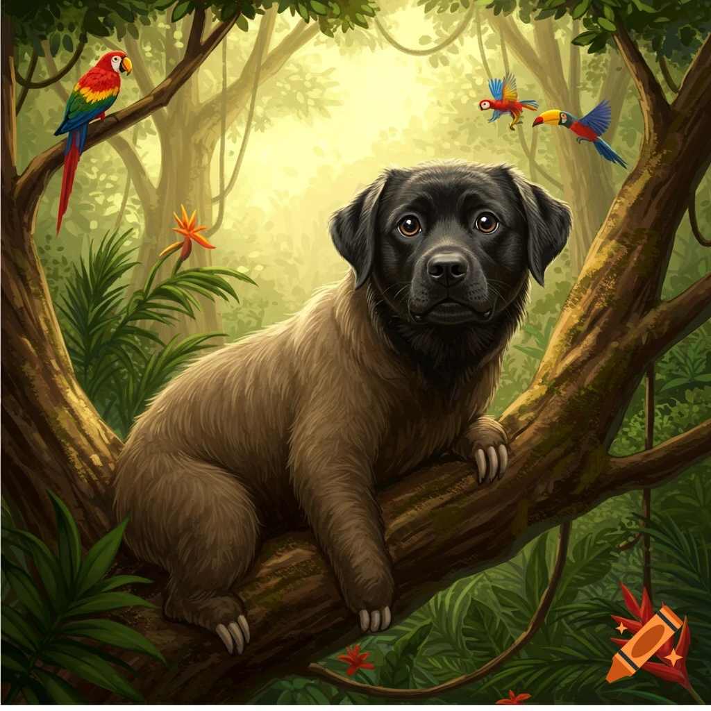 Illustrative painting of a black lab with a sloth-like body perched on a tree branch in a sunny jungle, with colorful birds.