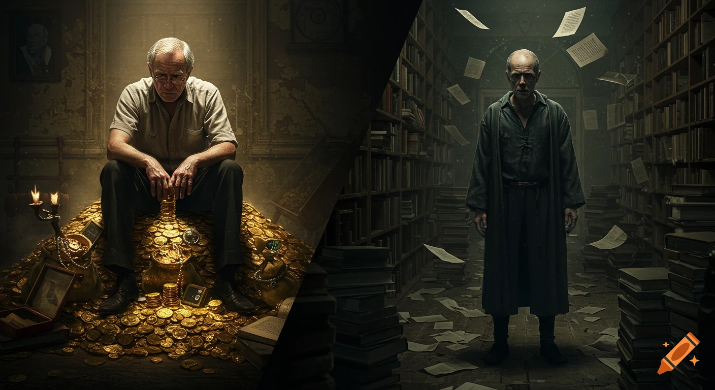 A split scene shows two older men: one tired on a pile of gold, one hollow in a library of books, symbolizing futility. Photorealistic.