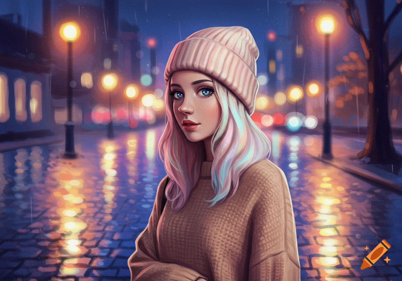 Stylized portrait of a young woman with rainbow hair, a pink beanie, and a beige sweater on a wet, glowing city street at night.