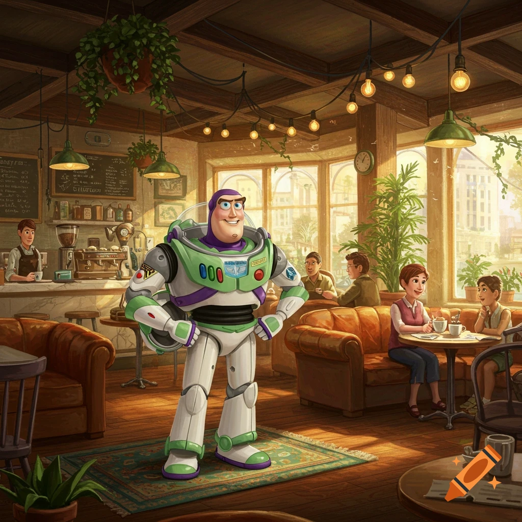 Buzz Lightyear stands proudly in a warm, bustling coffee shop with patrons and a barista.