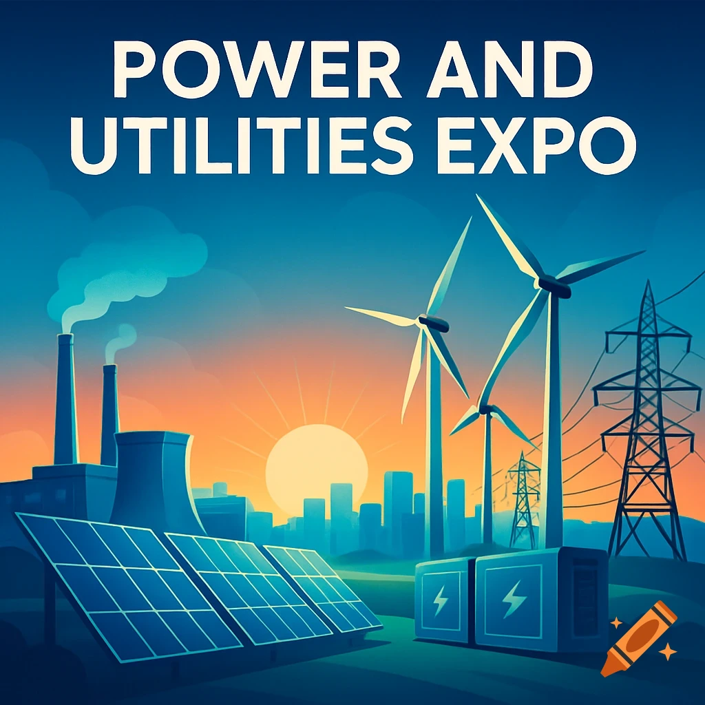 Stylized illustration of power generation infrastructure including a thermal plant, solar panels, wind turbines, and transmission towers under a sunset sky, with the text 'POWER AND UTILITIES EXPO'.