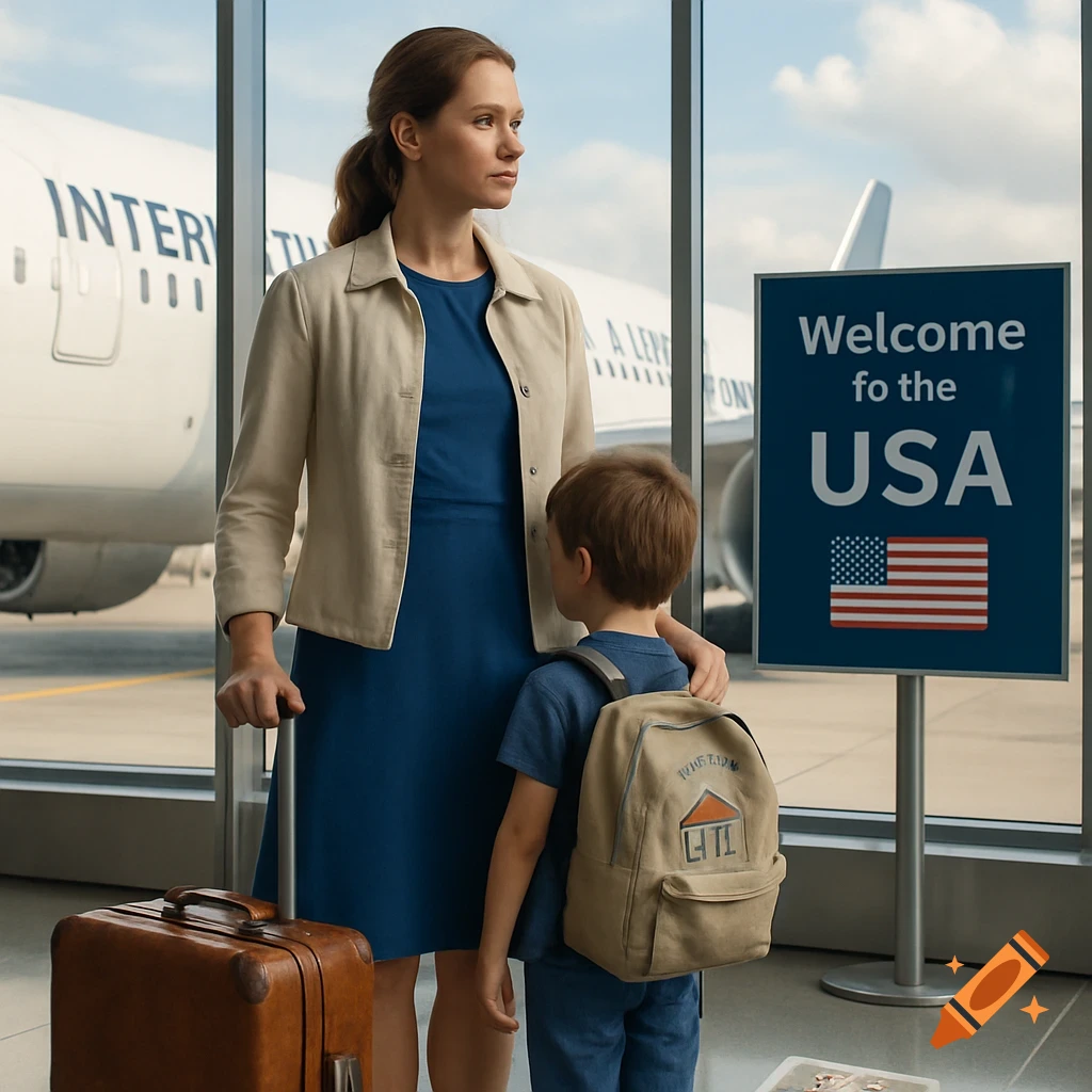 A woman and a child stand in an airport terminal, looking out glass windows at an airplane. A sign says "Welcome to the USA".