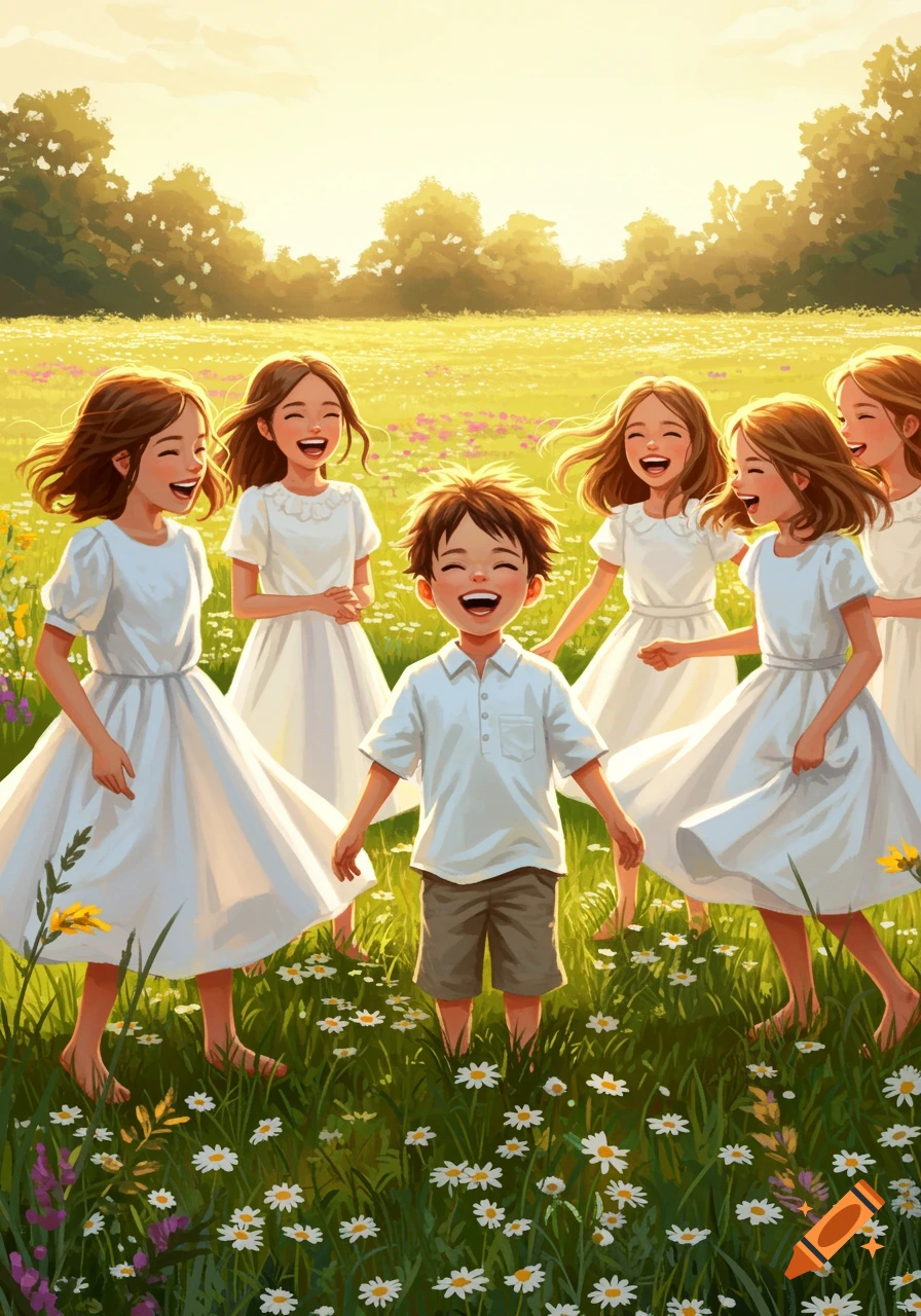Happy children playing barefoot in a sunny, flower-filled meadow, illustrated in a bright, cheerful style.