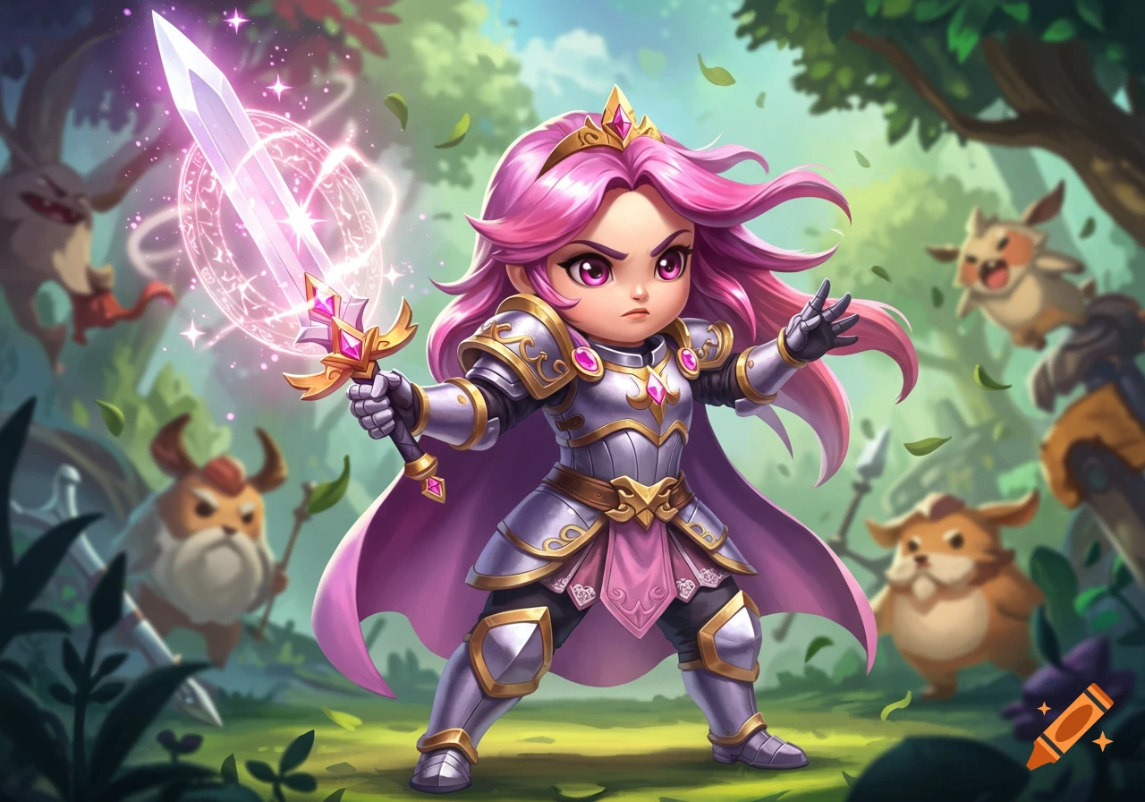 A cute chibi warrior princess with pink hair and armor wields a glowing magical sword in a forest, surrounded by adorable fantasy creatures.