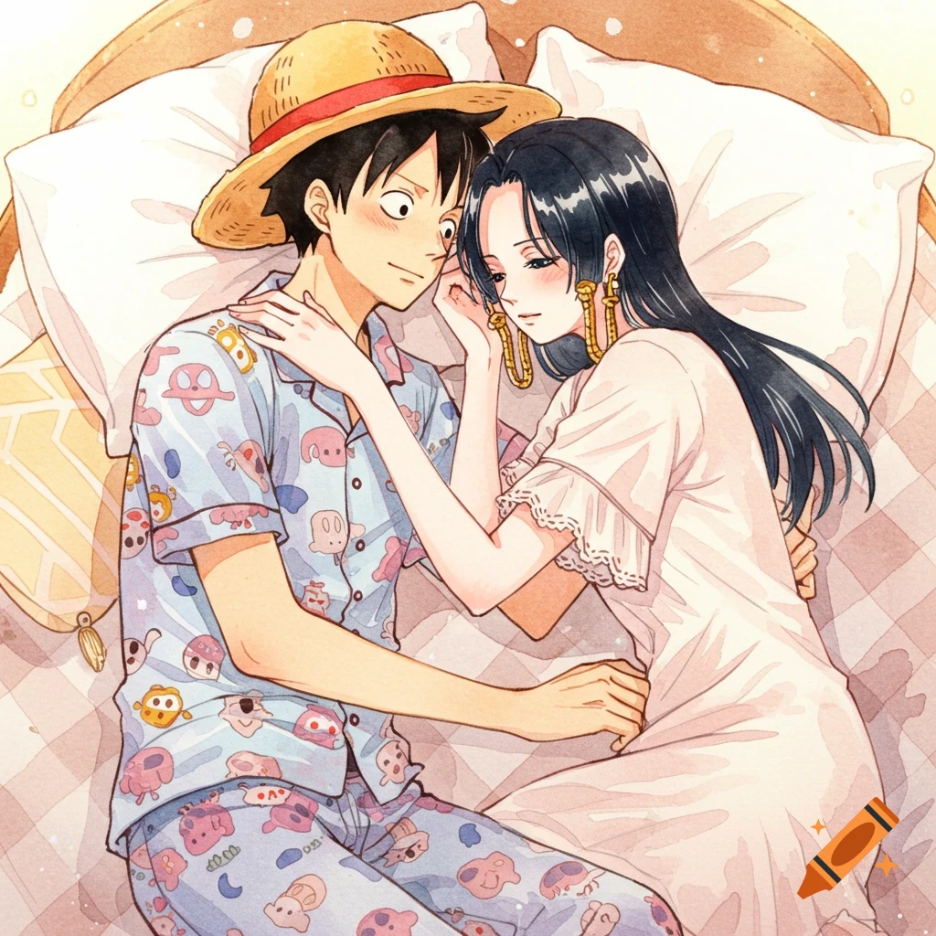 Watercolor painting of anime characters Luffy and Hancock cuddling affectionately in bed, both wearing pajamas.