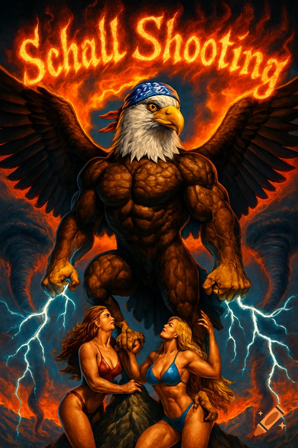 Muscular eagle with an American flag bandana towers over two muscular women in bikinis, with lightning, tornadoes, and flaming 'Schall Shooting' text.