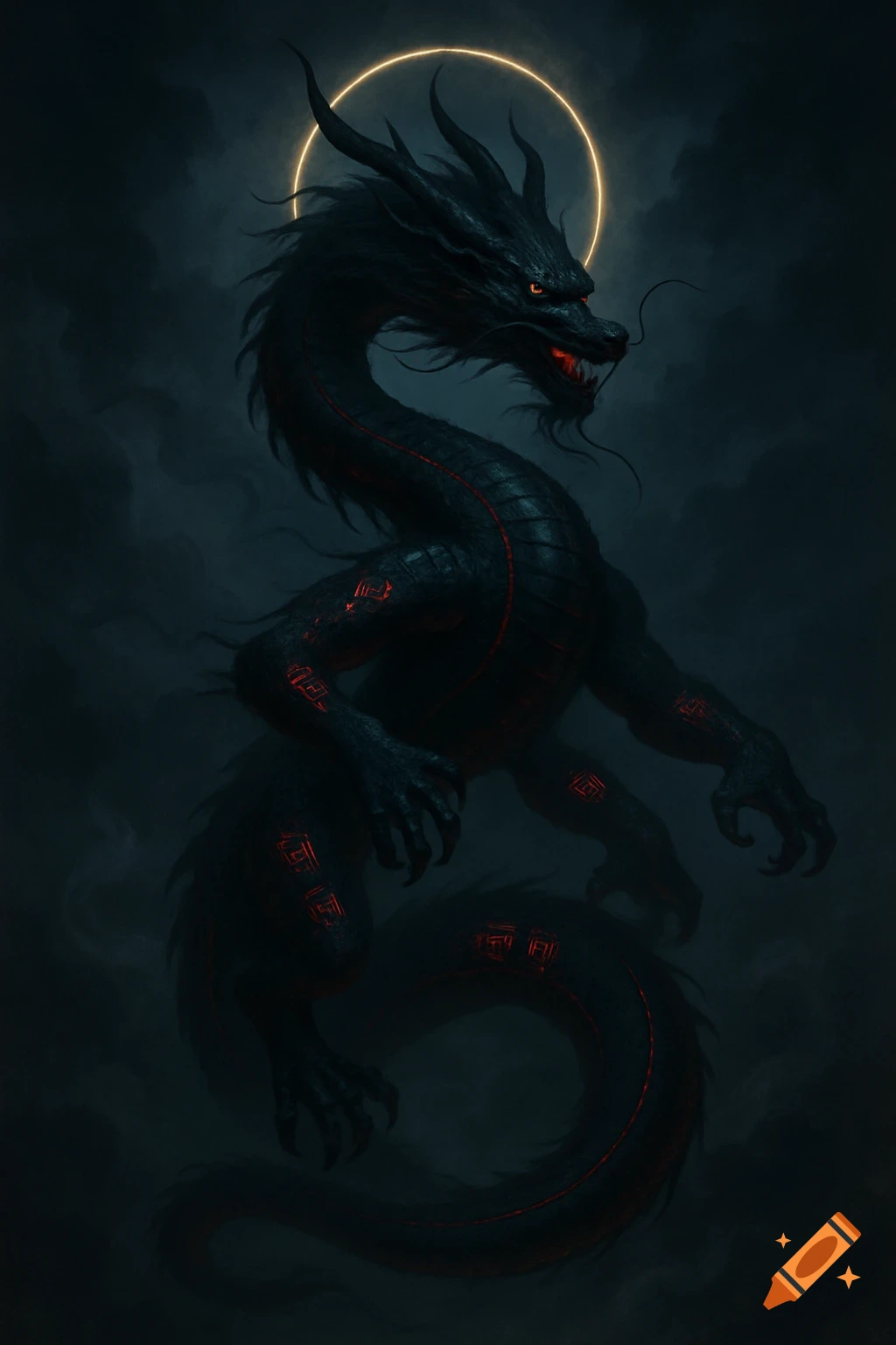 A dark, majestic Chinese dragon with glowing red eyes, red markings, and a golden halo, emerging from dark clouds in a fantasy art style.