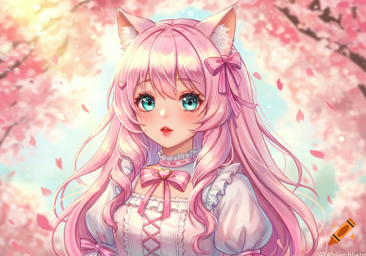 An anime girl with pink hair and cat ears, wearing a white frilly dress, against a background of pink cherry blossoms.