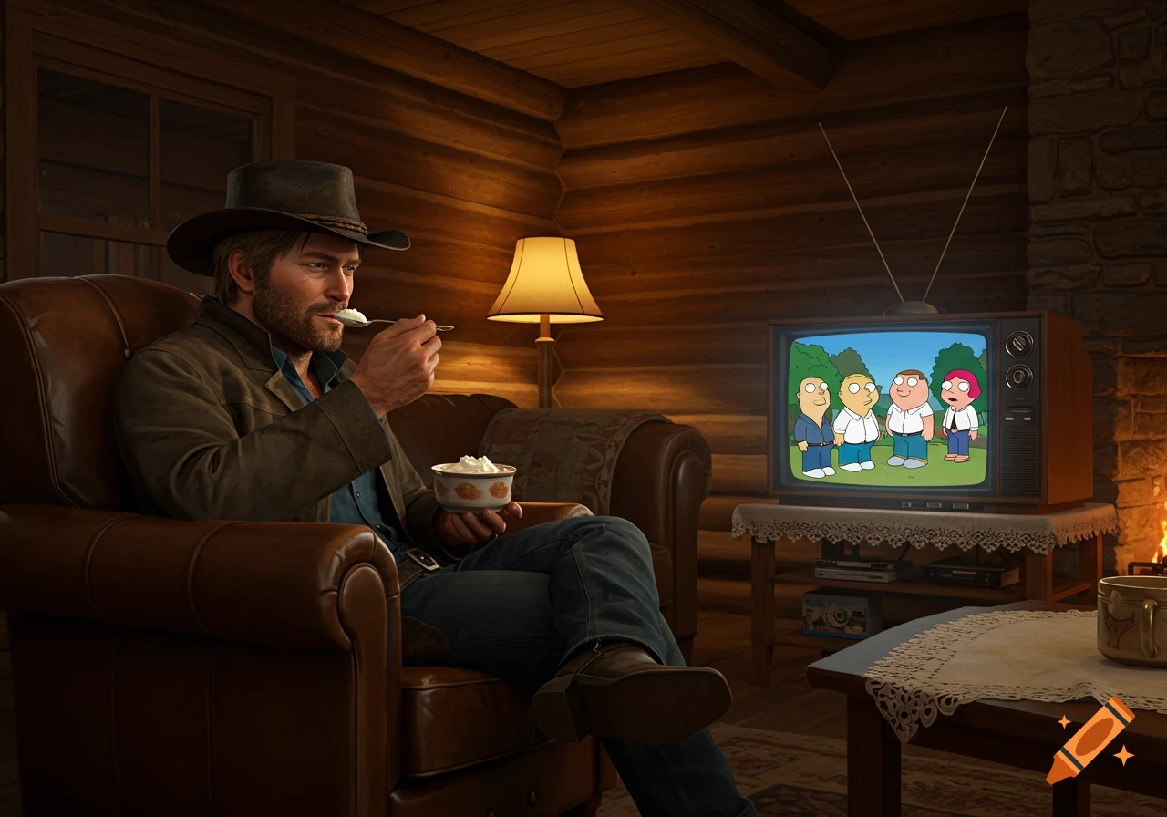 Photorealistic image of Arthur Morgan in a log cabin, eating from a bowl while watching Family Guy on an old television.