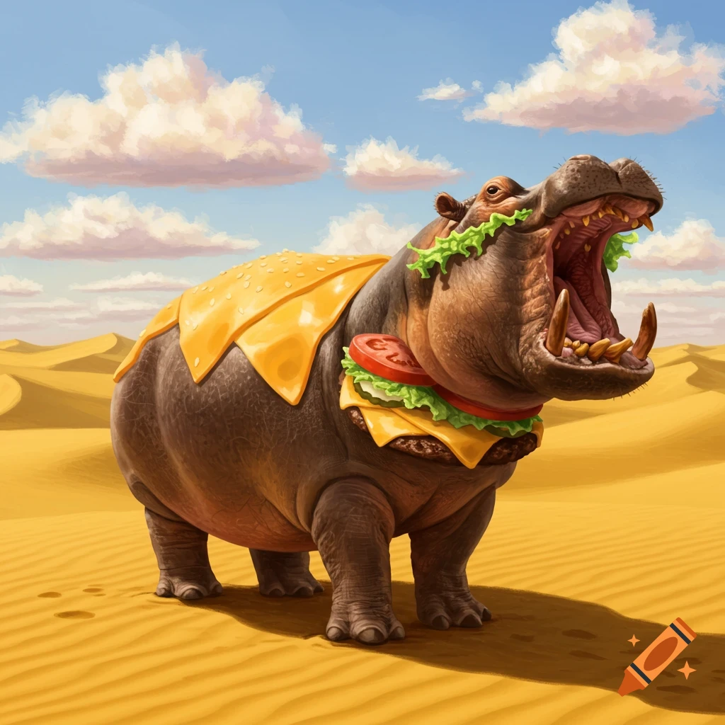 A surreal illustration of a cheeseburger-hippo hybrid standing in a vast desert under a cloudy sky.