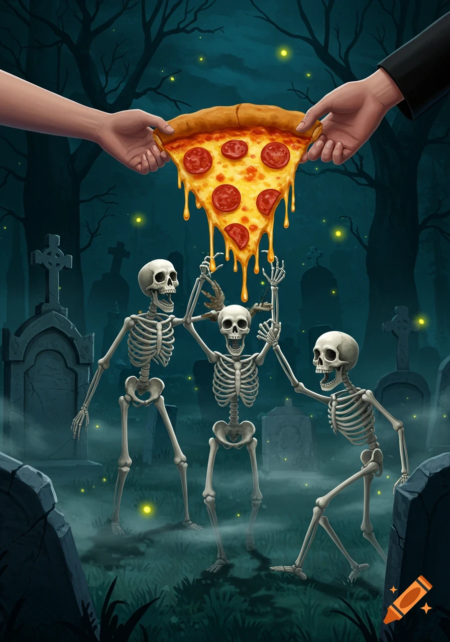 Human hands offer a cheesy pepperoni pizza slice to three eager skeletons in a dark, foggy graveyard with glowing fireflies, stylized.