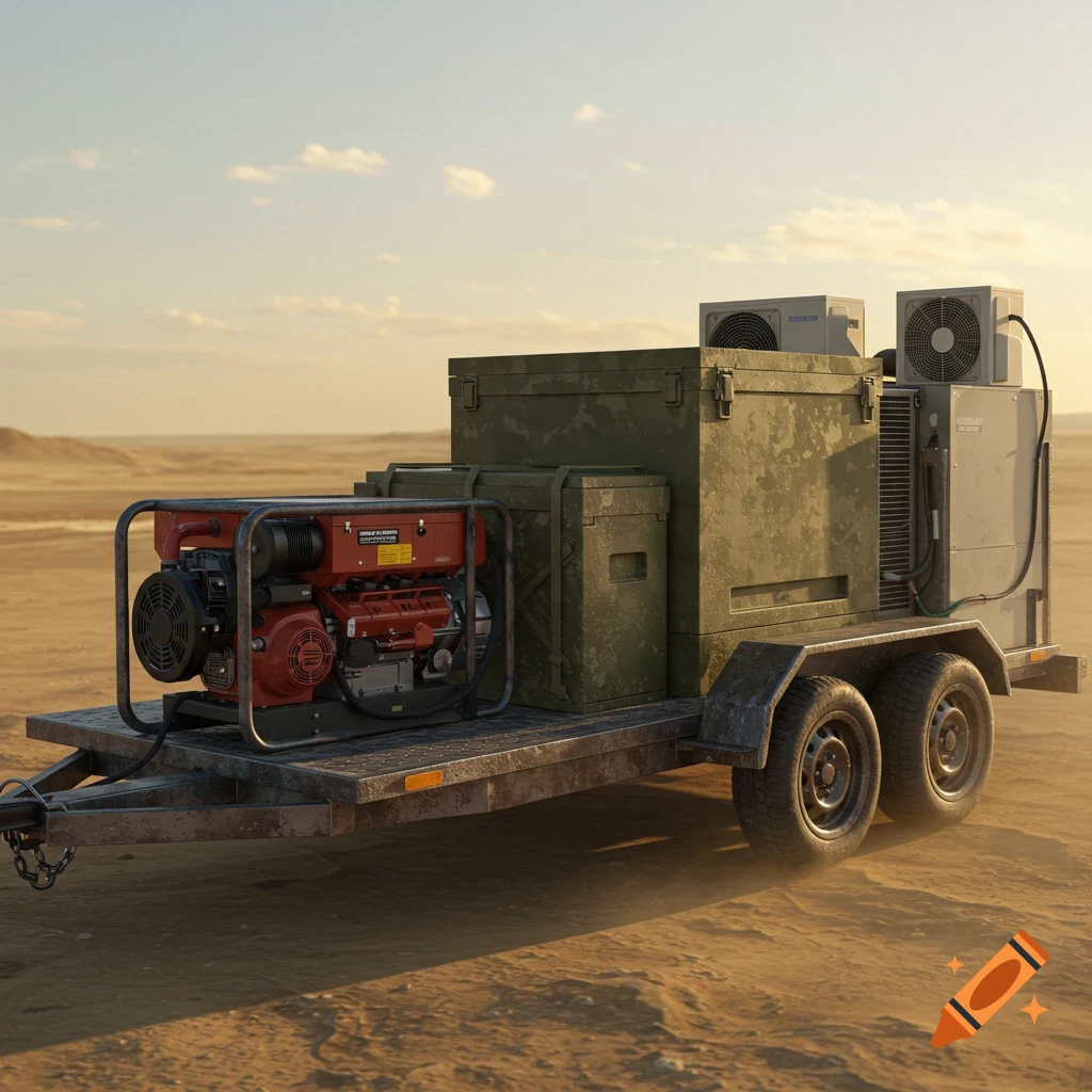 Photorealistic image of a trailer carrying a red generator, military-style crates, and air conditioning units across a sandy desert.