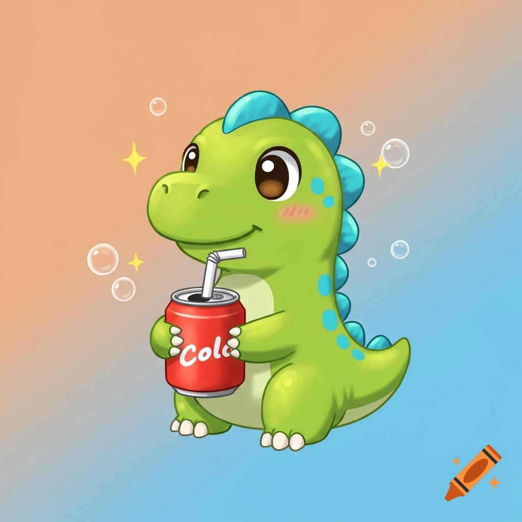 A cute green cartoon dinosaur with blue spikes holds a red cola can with a straw, against an orange and blue gradient background.