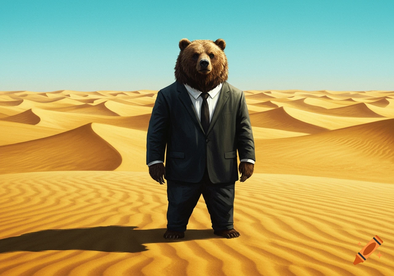 A bear in a dark suit and tie stands in a vast desert with sand dunes under a clear sky.