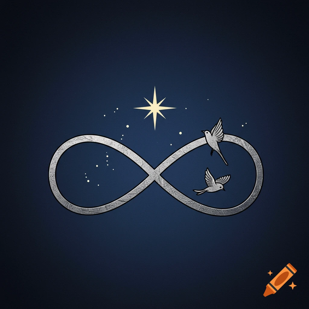 A silver infinity symbol with two white birds, a bright star, and small white dots on a dark blue background.