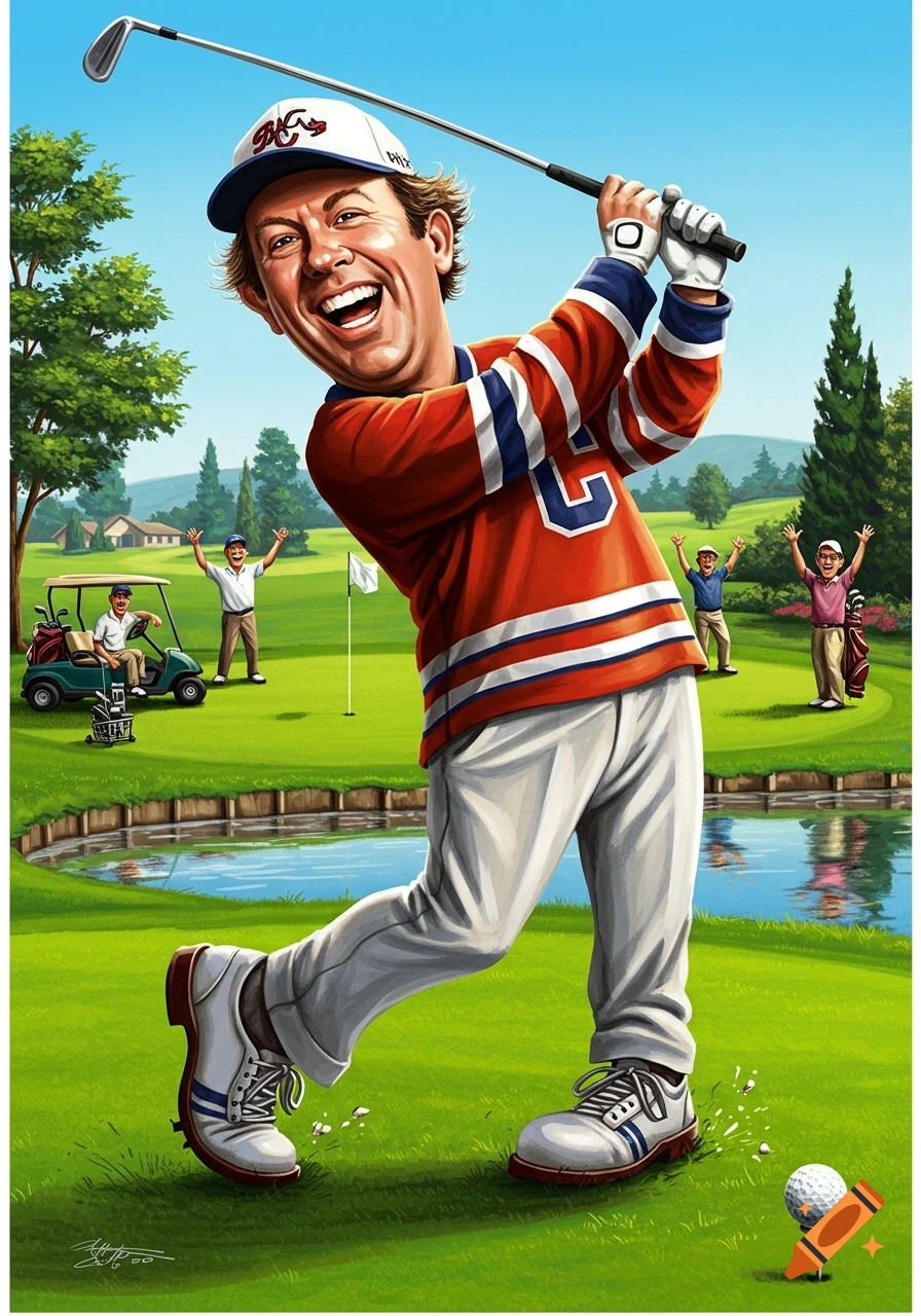 A cartoon man resembling Happy Gilmore in a red jersey and white hat joyfully swings a golf club on a green course with other golfers.