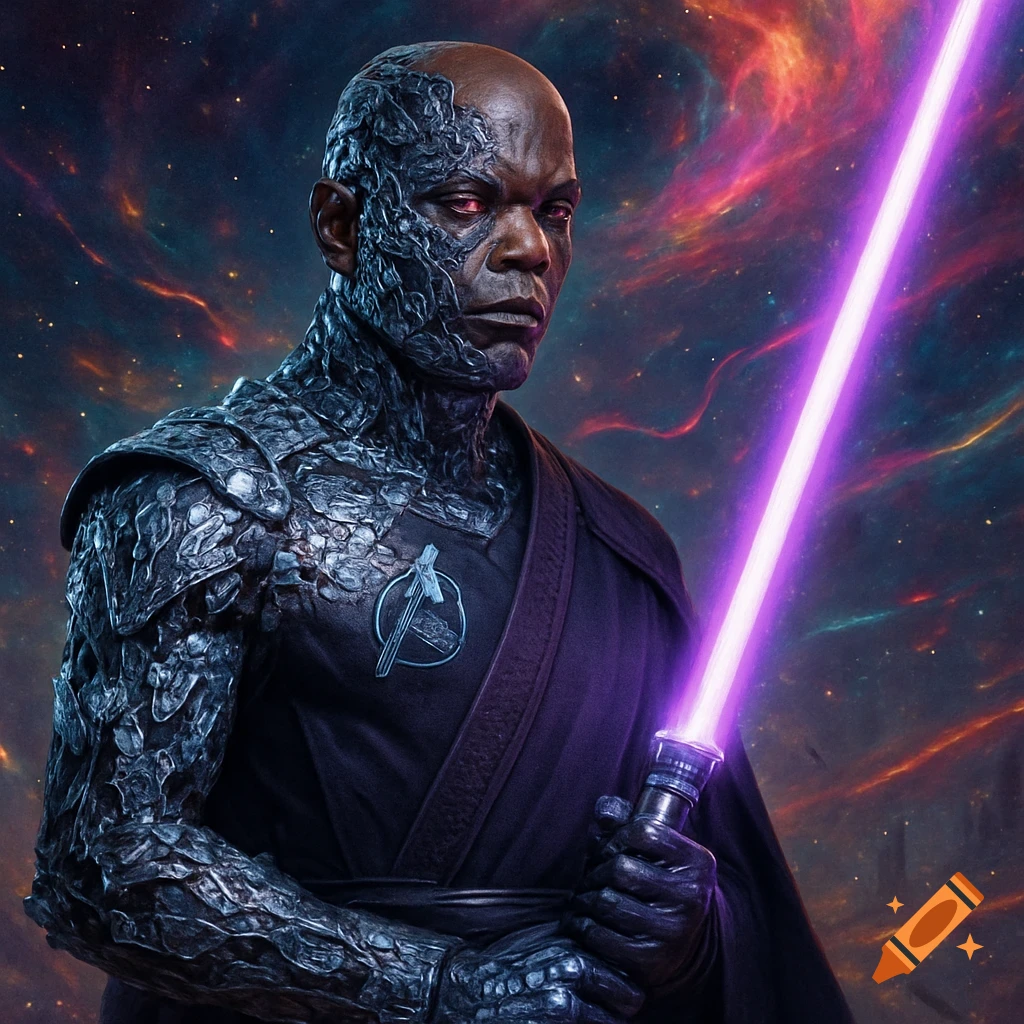 A powerful half-cyborg man resembling Mace Windu, with glowing red eyes and textured dark armor, holds a purple lightsaber against a vibrant nebula background.