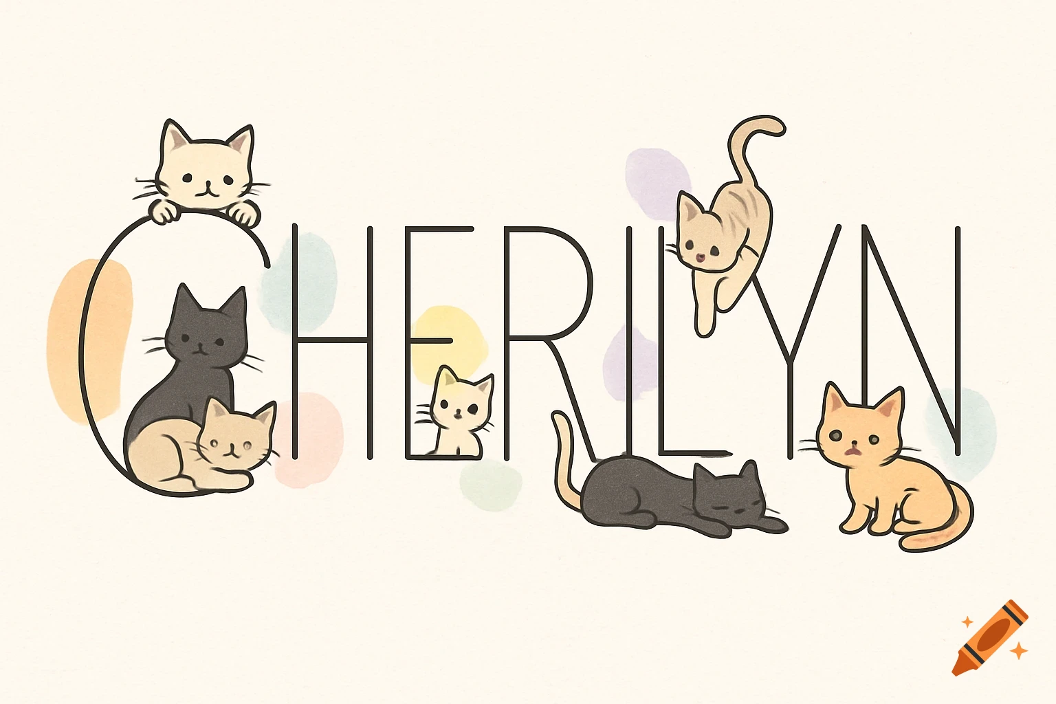 A whimsical illustration of the name "CHERILYN" in black letters, with cute cartoon cats in various colors and poses integrated into the design.