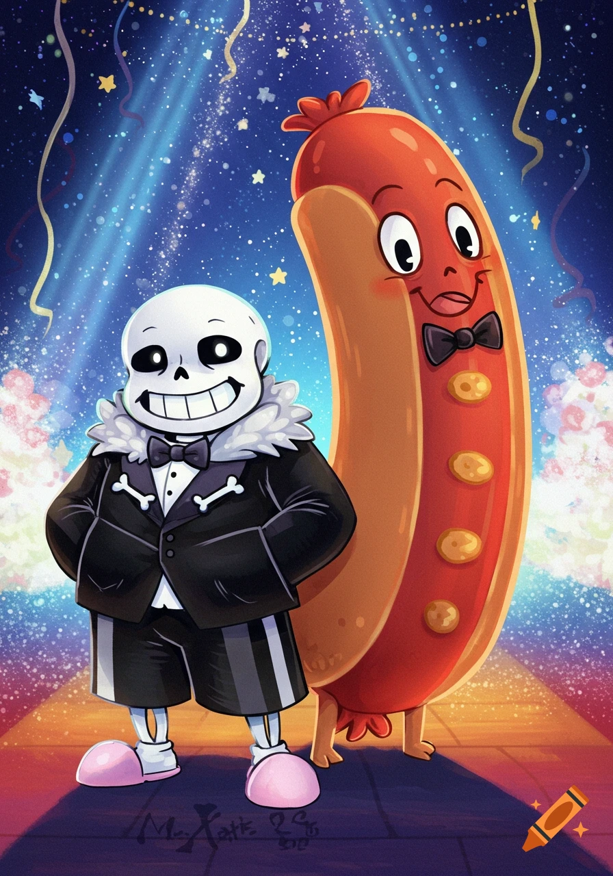 Sans from Undertale in a tuxedo standing with an anthropomorphic hotdog in a bowtie under festive spotlights and confetti.