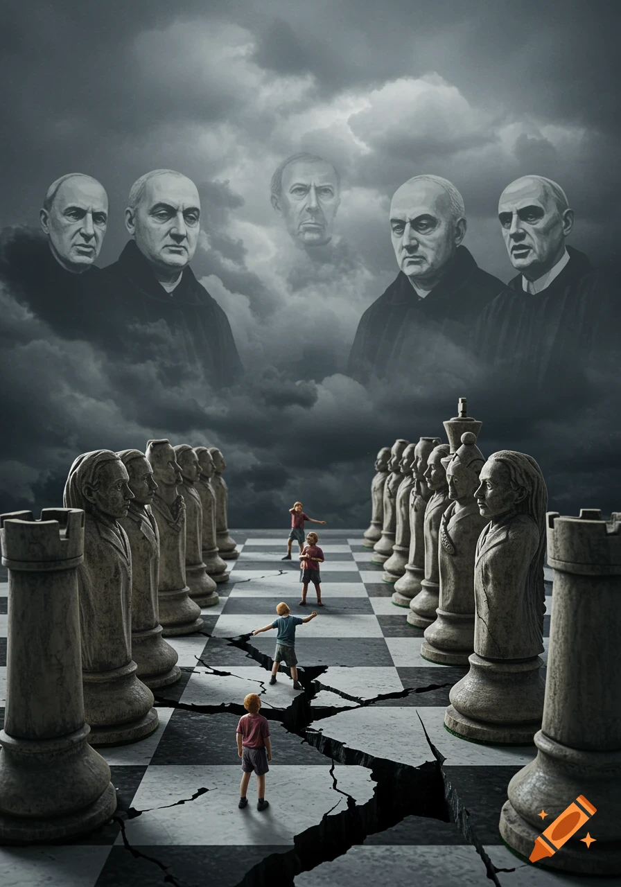 Surreal image of children playing on a cracked chessboard beneath a stormy sky with ghostly faces in clouds and large chess pieces.