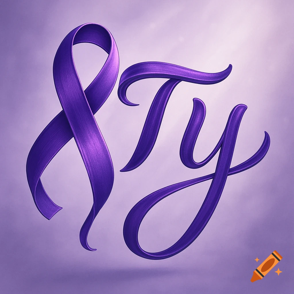 A stylized purple ribbon forming the number 8, intertwined with the script letters "Ty" on a gradient purple background.