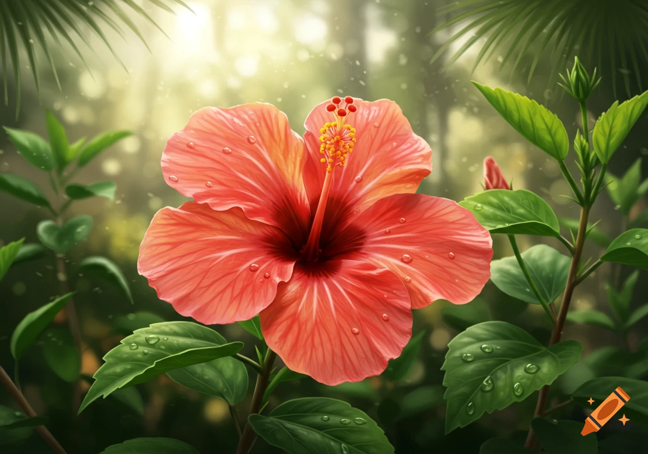 Photorealistic red hibiscus flower with water droplets on petals and green leaves, against a soft, bright natural background.