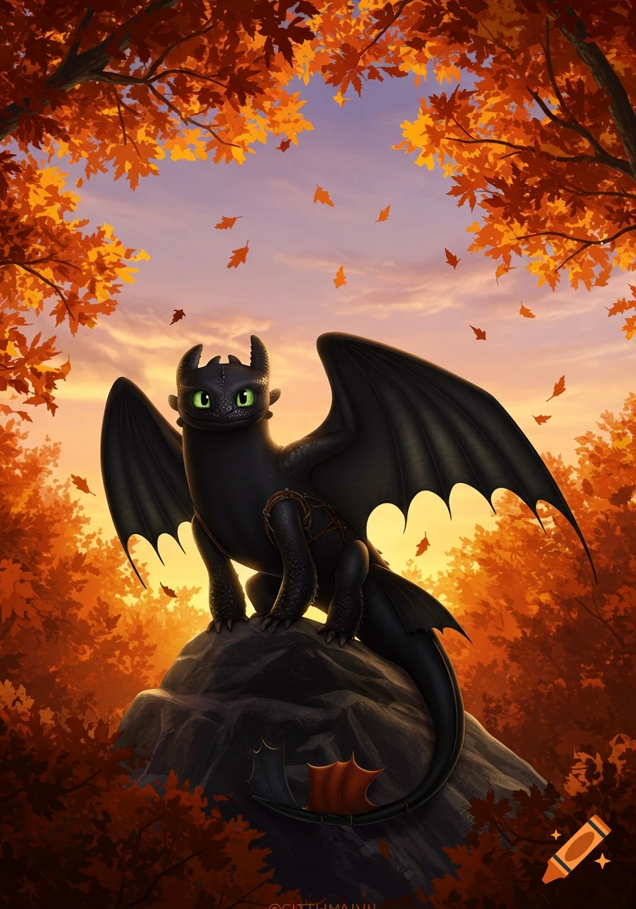 Toothless, the black dragon, perches on a rock amidst vibrant autumn foliage and a sunset sky in an illustrated style.