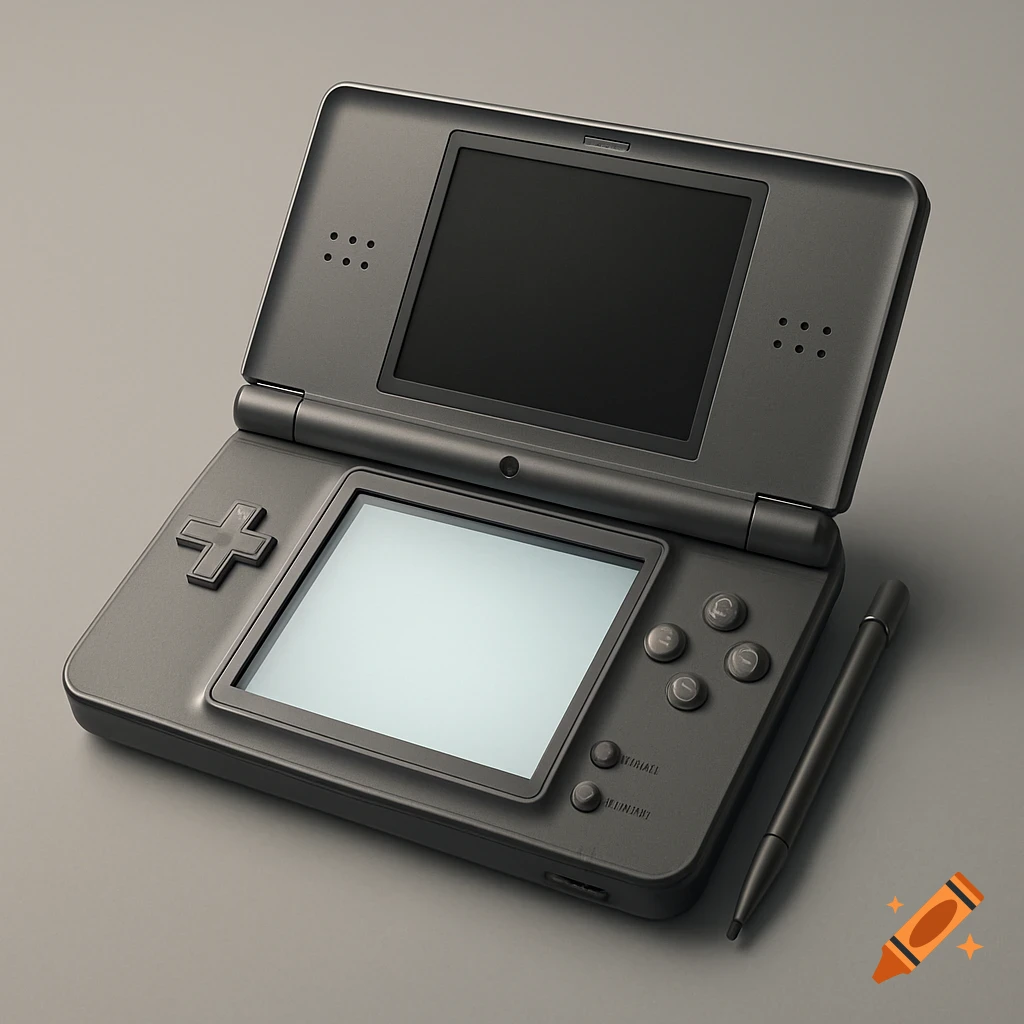 A dark grey Nintendo DS handheld console with stylus on a plain grey background.