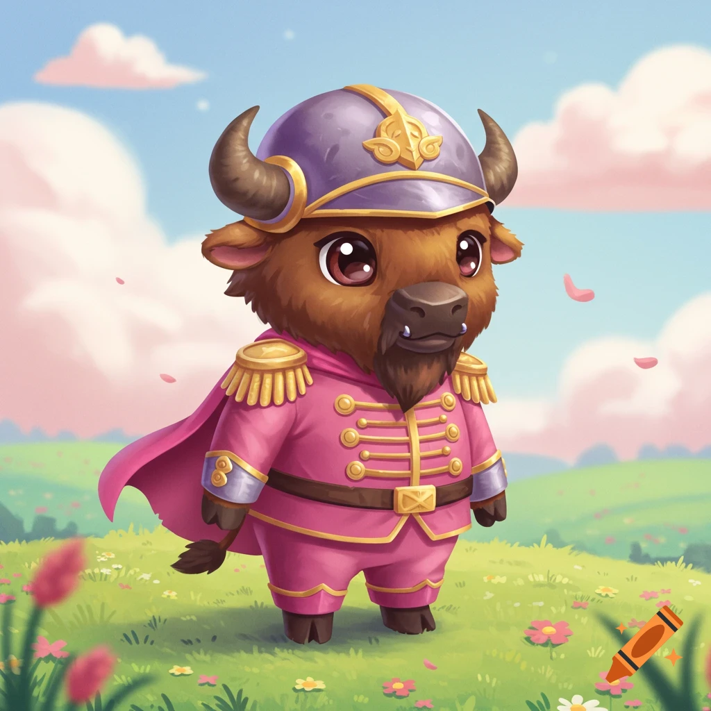 A cute cartoon bison wearing a pink soldier uniform with a cape and purple helmet stands in a field of flowers under pink clouds.