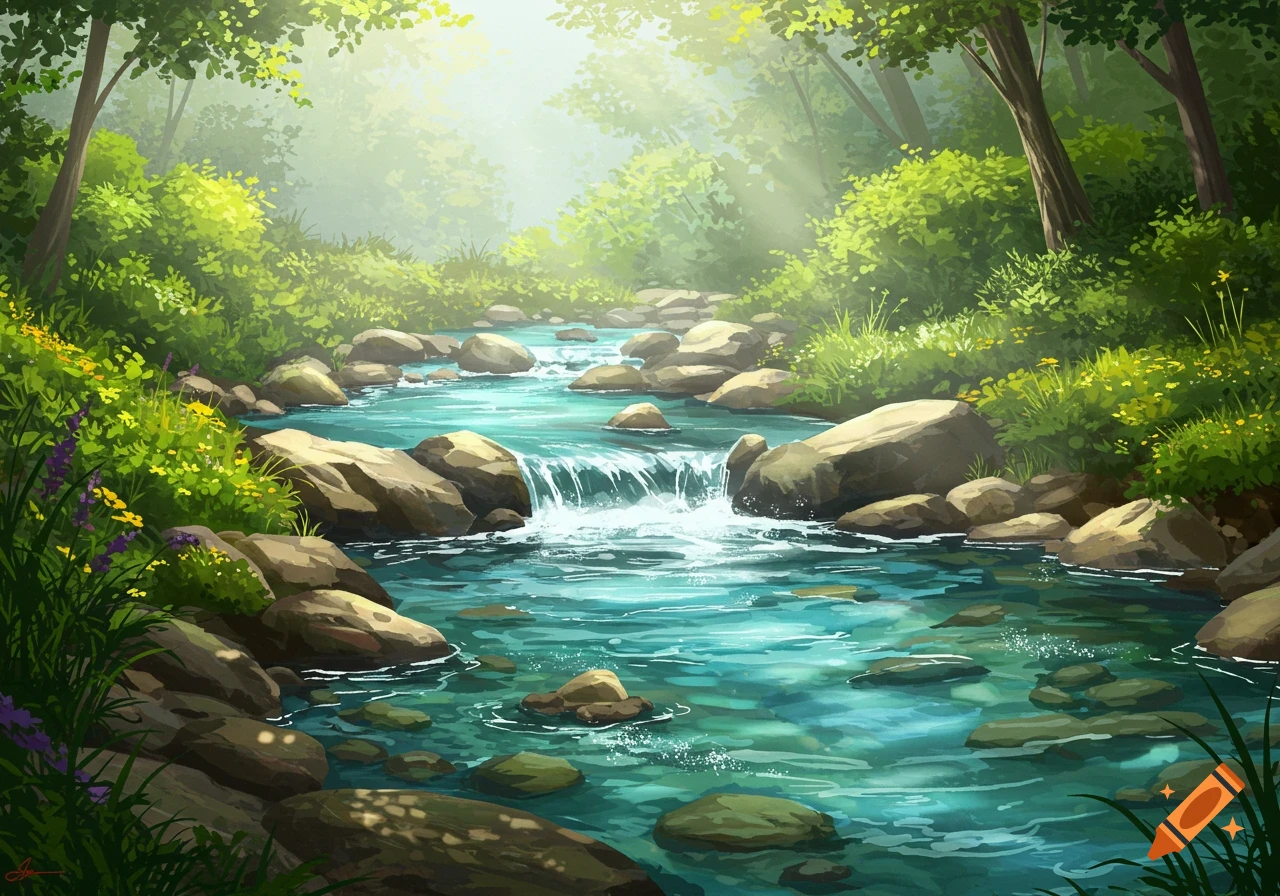Vibrant illustration of a sunlit forest stream flowing over rocks through lush green foliage.