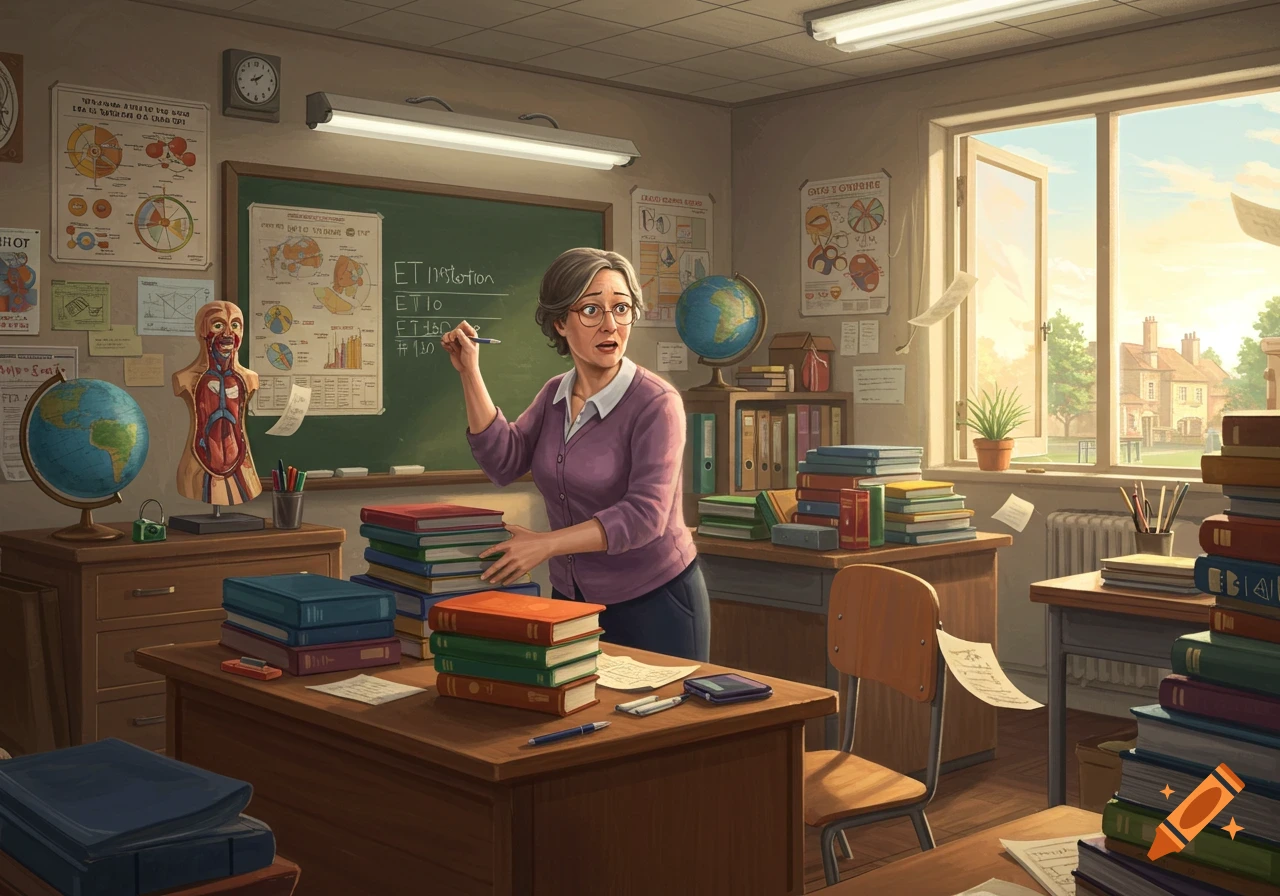 A female teacher with glasses frantically prepares for an inspection in a cluttered classroom, surrounded by stacks of books and a blackboard with gibberish text.