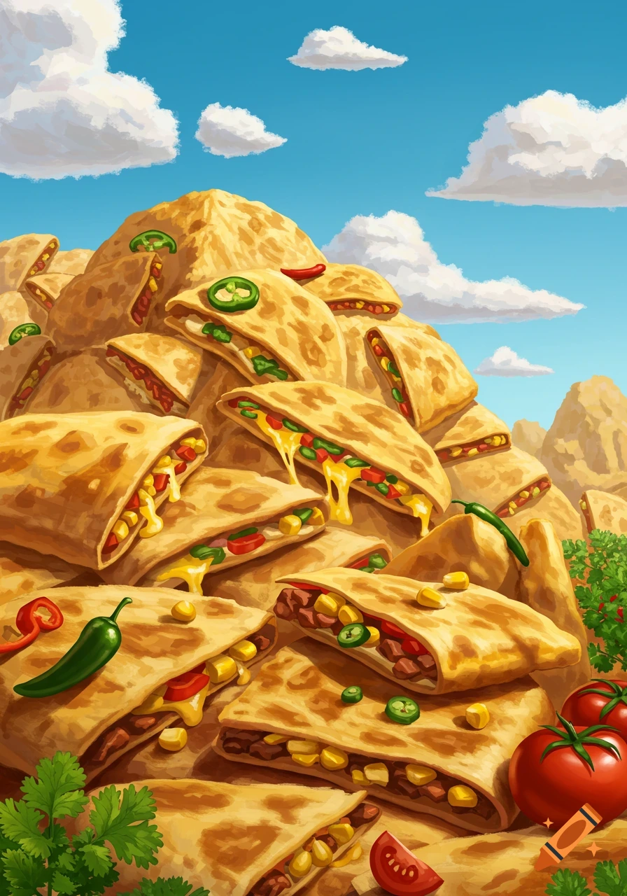 A towering pile of quesadillas filled with cheese, corn, and peppers under a blue sky, with fresh produce in the foreground. Illustrative style.