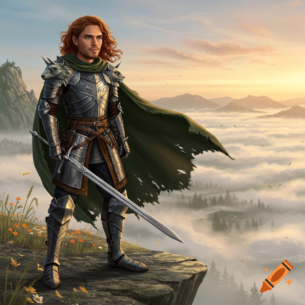 A red-haired male knight in wolf-head armor stands on a cliff overlooking misty mountains at sunset, holding a large sword.