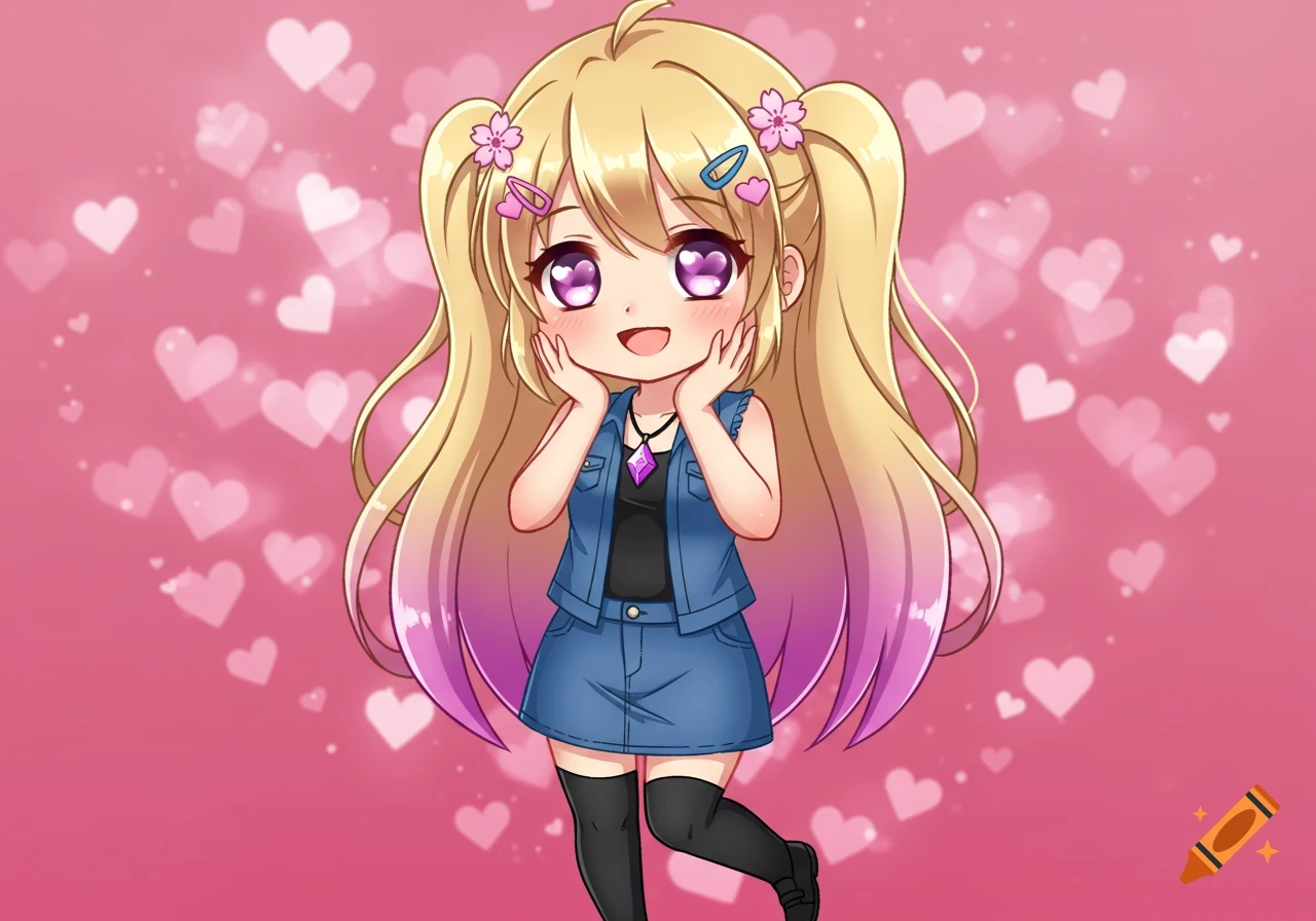 A cute chibi anime girl with long blonde hair with purple streaks, pink heart eyes, wearing a denim vest and skirt, on a sparkling pink heart background.