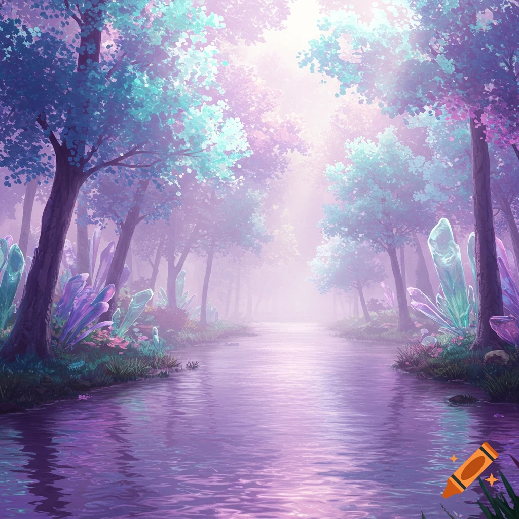 A serene purple river flows through a magical fantasy forest with glowing blue and purple crystals and mystical trees.