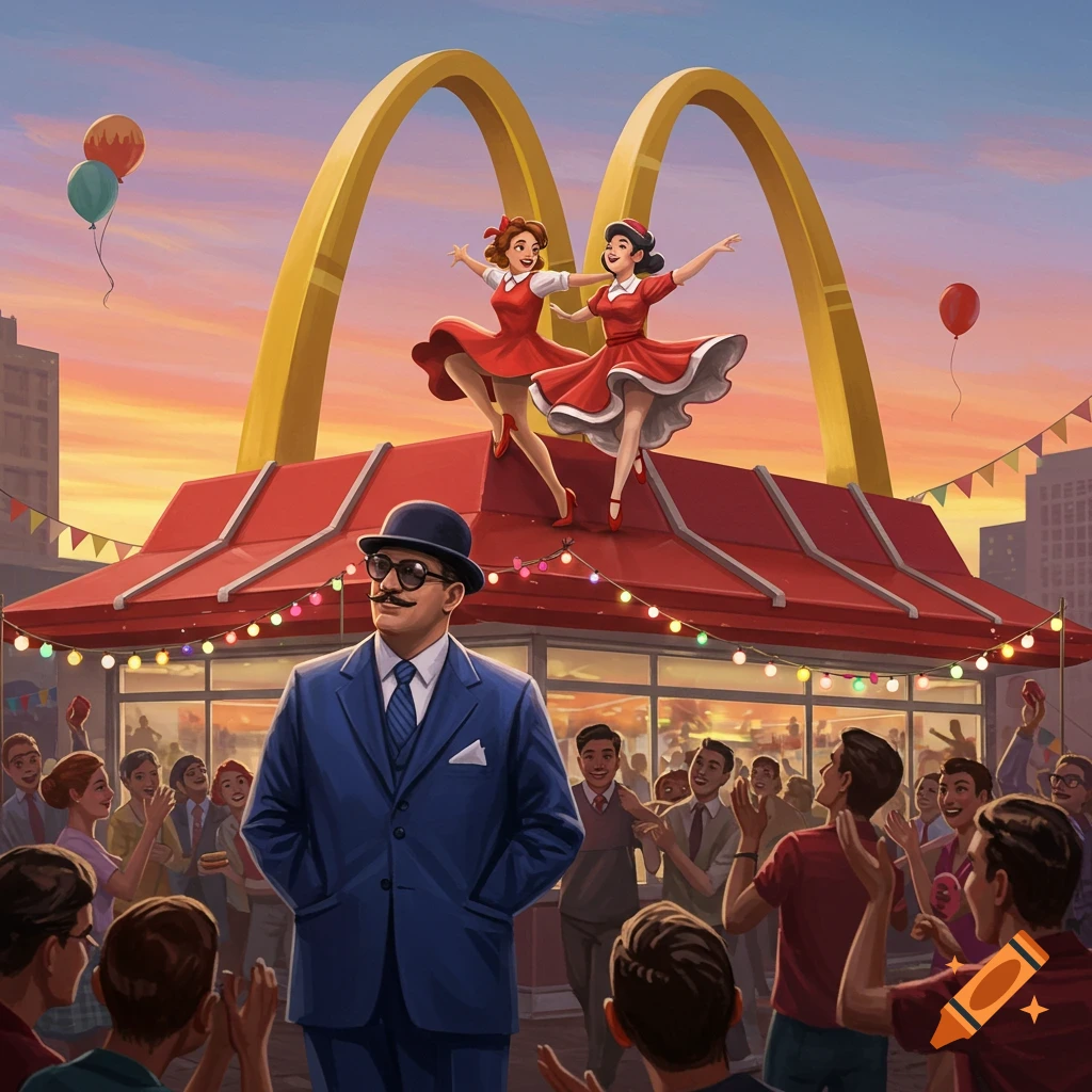 Stylized illustration of a man watching two women dance on a McDonald's roof as a crowd celebrates below.