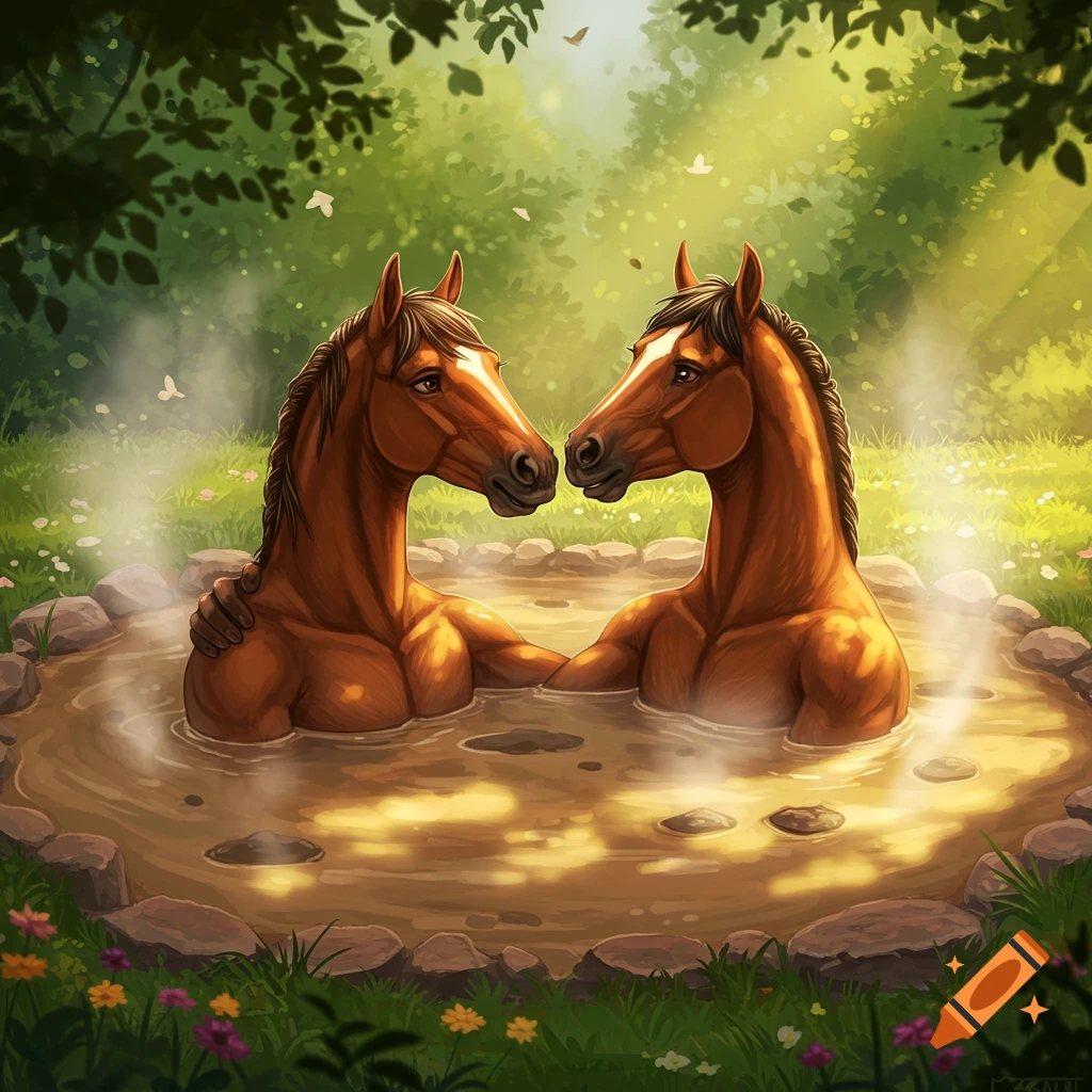 Two anthropomorphic horse-headed figures with muscular torsos relax in a steaming mud hot tub in a lush, sunlit forest.