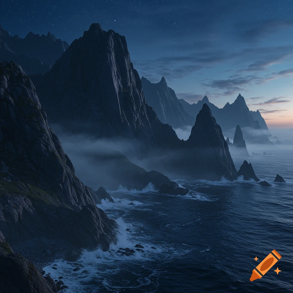 Rugged coastal mountains shrouded in mist at twilight, with waves crashing on the dark ocean shore under a starry sky.