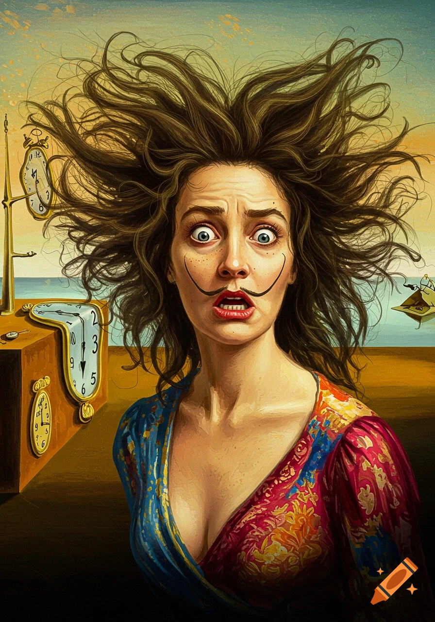 A surreal painting of a wide-eyed woman with wild hair and a Dal\u00ed mustache, amidst melting clocks in a desert landscape.