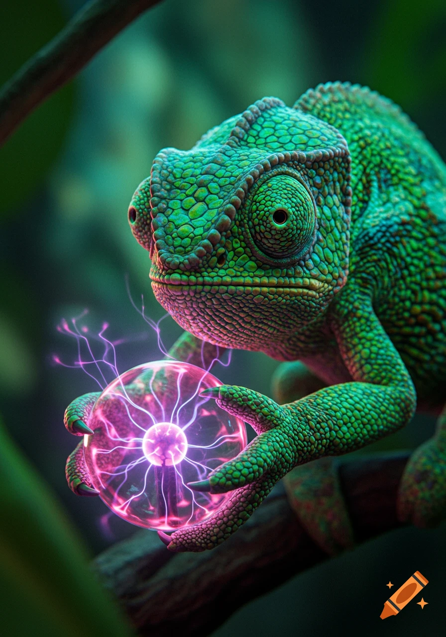 A vibrant, realistic chameleon holds a glowing pink and purple plasma ball, electricity arcing around its claws.
