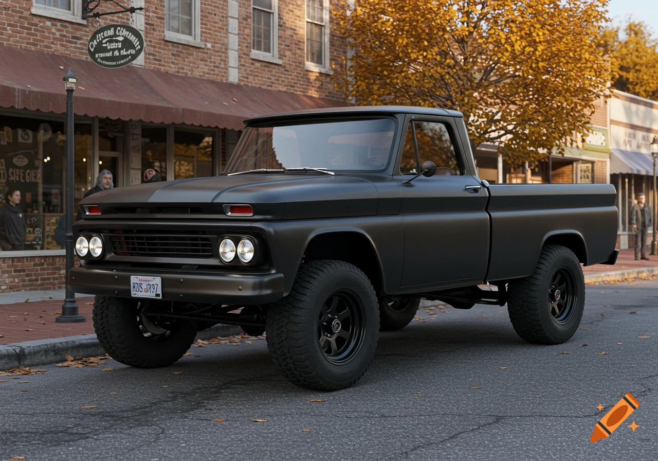 A matte black 1967 C10 lifted pickup truck parked on a Main Street with autumn trees and brick buildings.