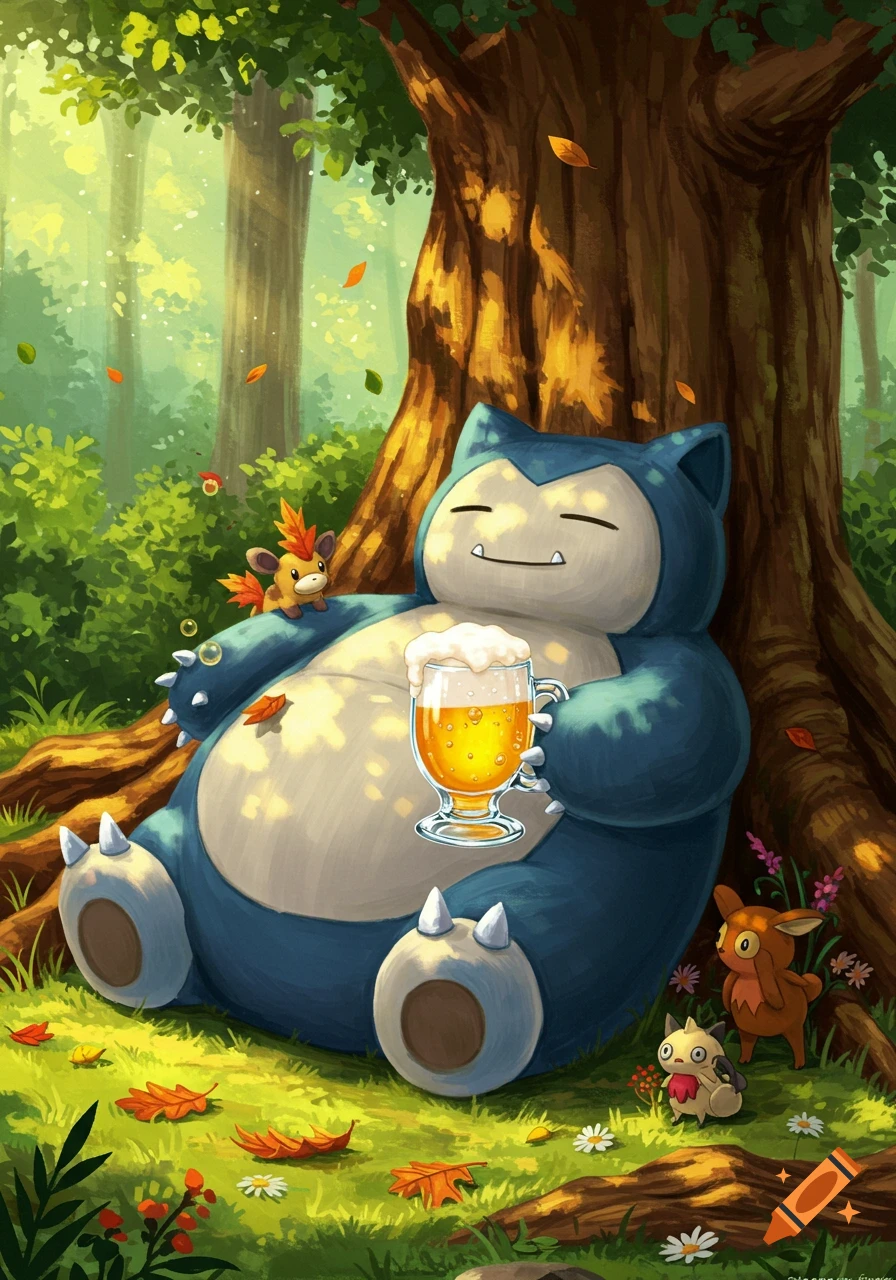Snorlax relaxing under a tree in a sunlit forest, drinking from a mug with smaller Pokemon nearby, in an illustrative style.
