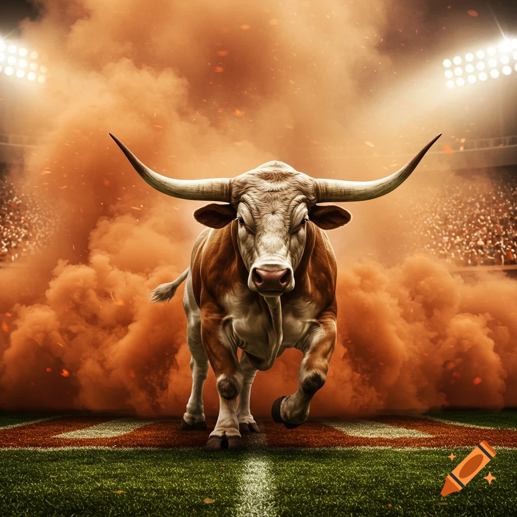 An intimidating longhorn bull charges through burnt orange smoke on a football field in a stadium.