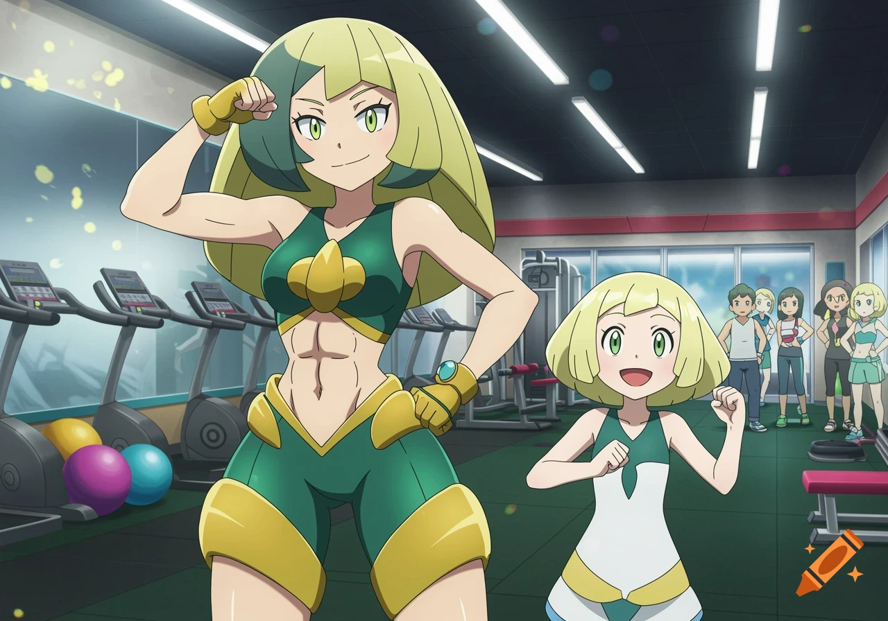Lillie's mom (Lusamine) flexing her muscles in a gym with Lillie beside her, in an anime style.