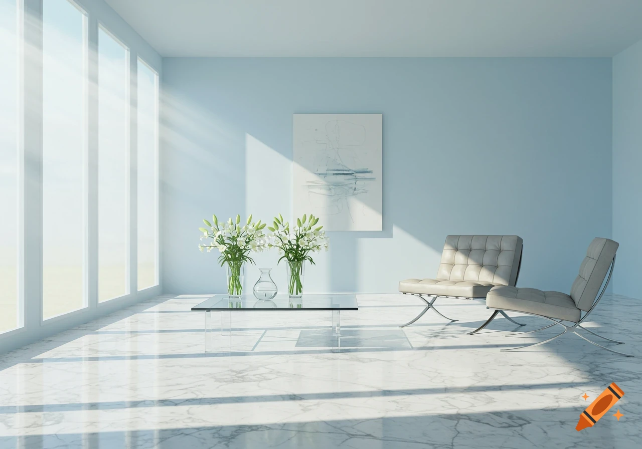 A bright, photorealistic minimalist room with light blue walls, marble floor, tall windows, white lilies on a glass table, and two modern lounge chairs.
