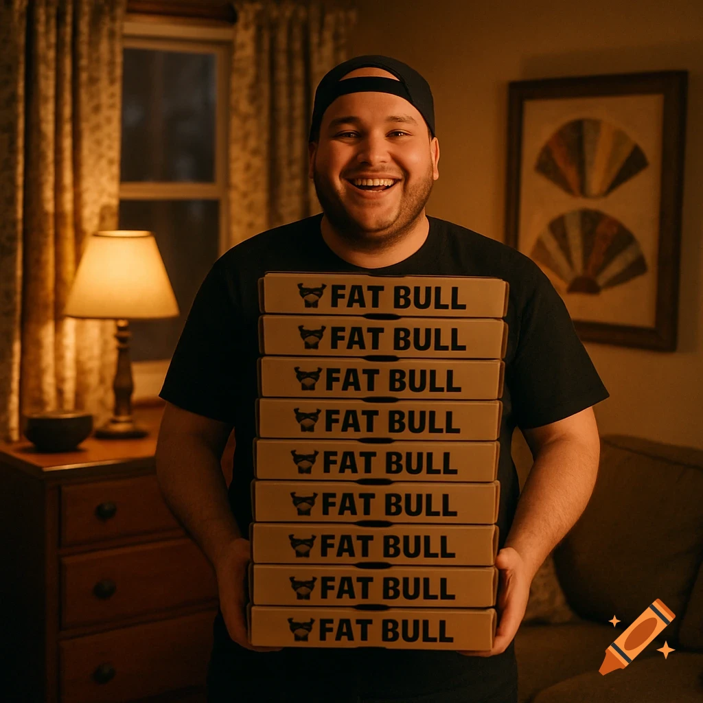 A smiling man in a black t-shirt and baseball cap holds a tall stack of 'Fat Bull' pizza boxes in a dimly lit room.
