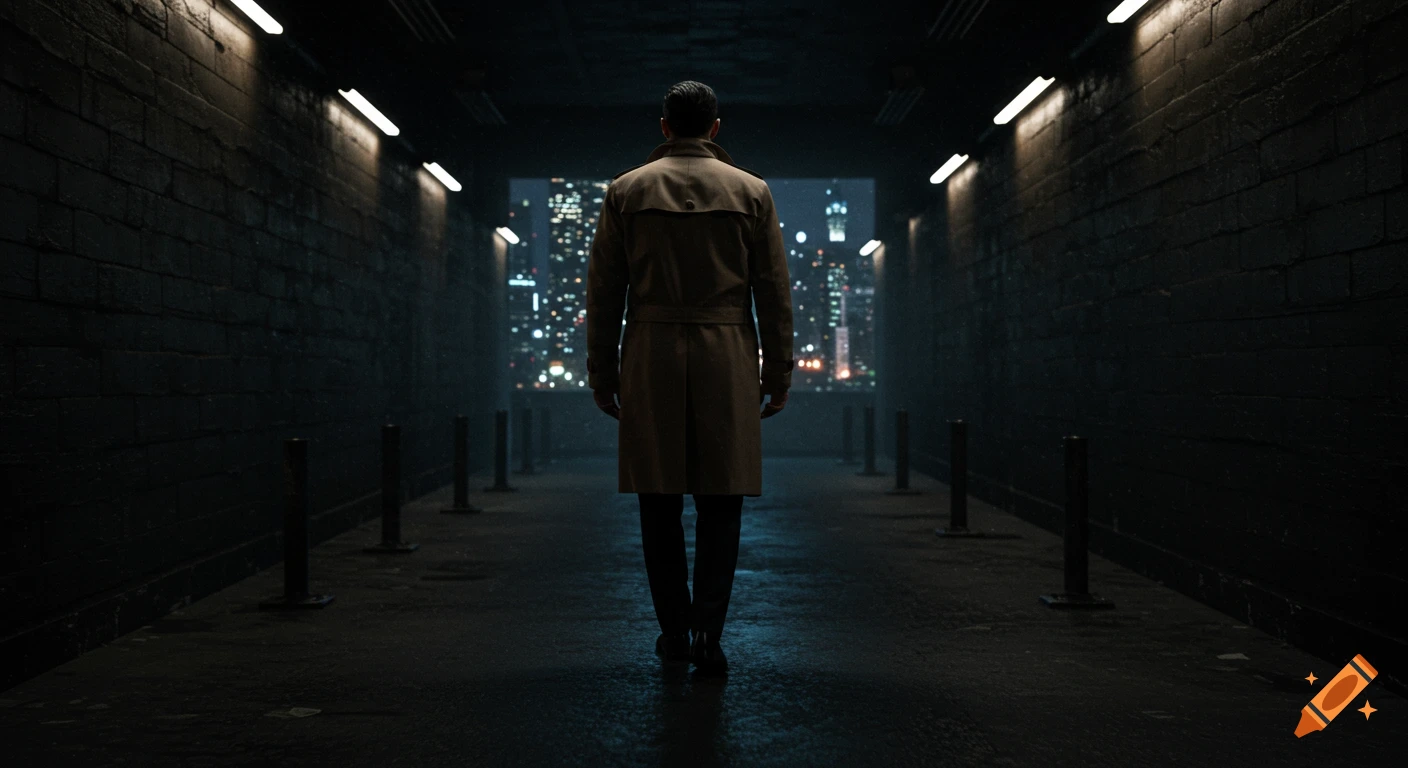 A man in a trench coat walks through a dark, dimly lit tunnel towards a bright, distant city skyline at night. Photorealistic, cinematic.